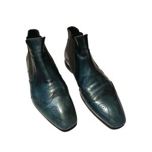 Mens Teal Blue Leather Pointed Toe Chelsea Boots Wingtip Brogue Accent